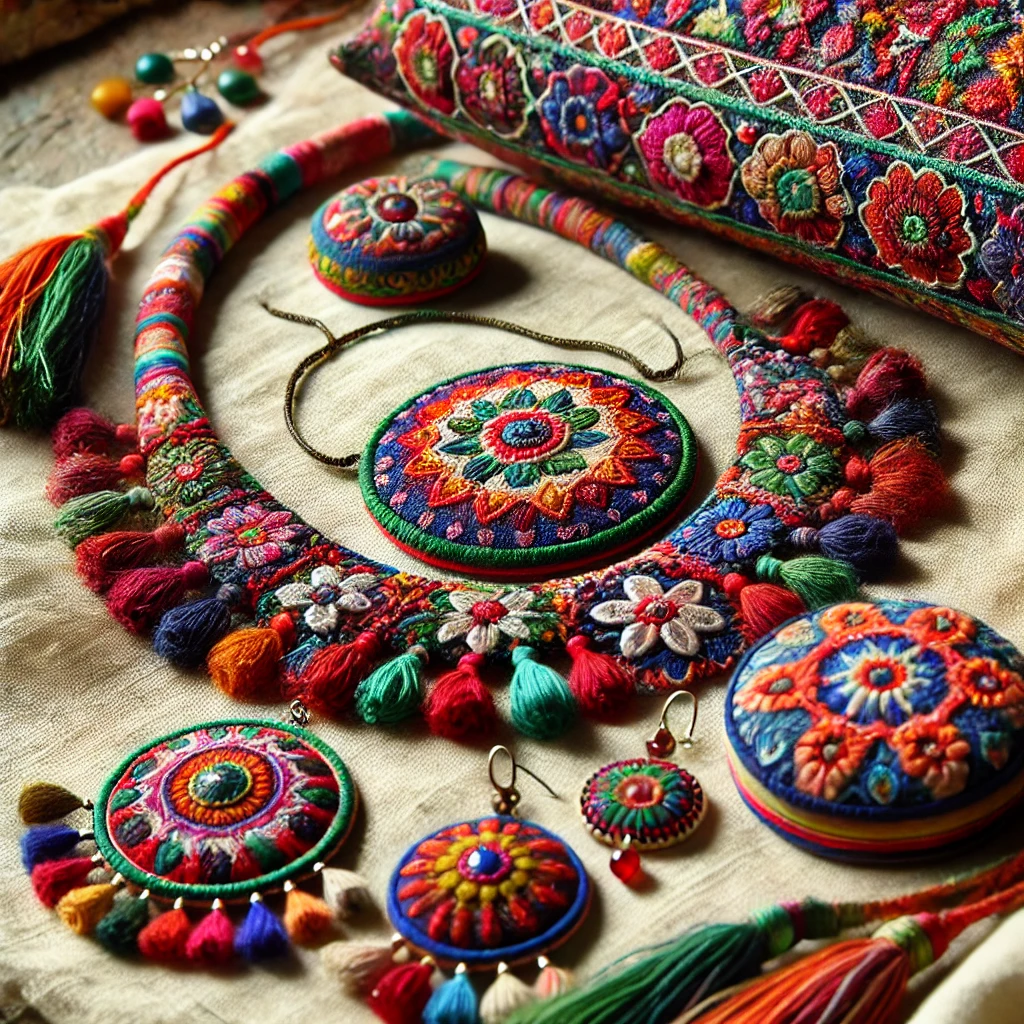 Handmade fabric fashion jewellery using traditional ‘kantha’ embroidery