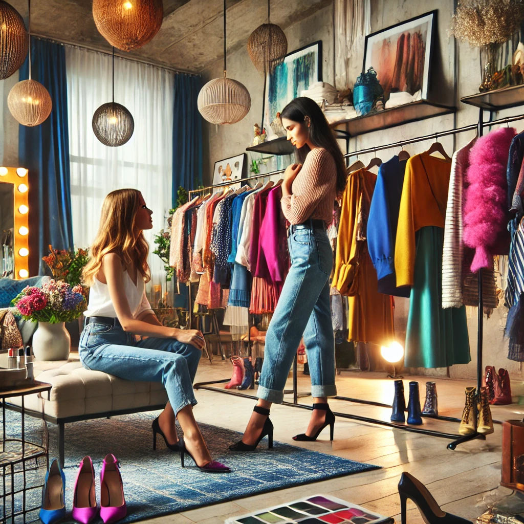 A stylist curates outfits in a vibrant studio filled with colorful clothing, shoes, and accessories.