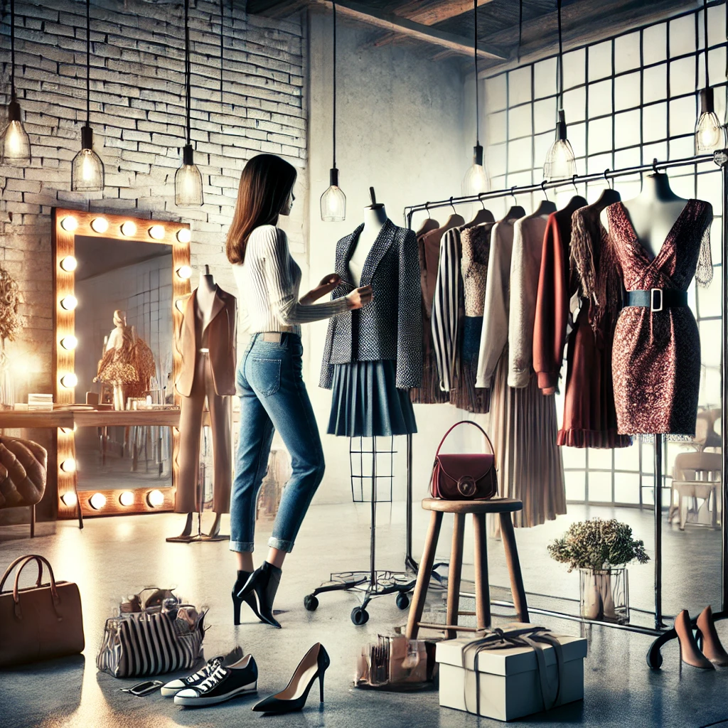 A fashion stylist organizes outfits and accessories in a chic studio setting.