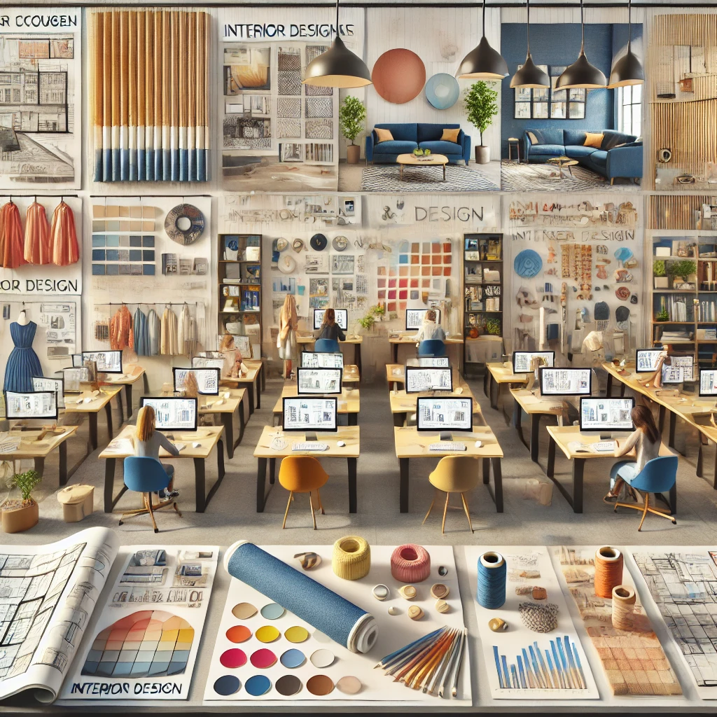 image representing the multiple scopes and courses in interior designing, showcasing areas such as 3D modeling, color theory, lighting, and material selection.