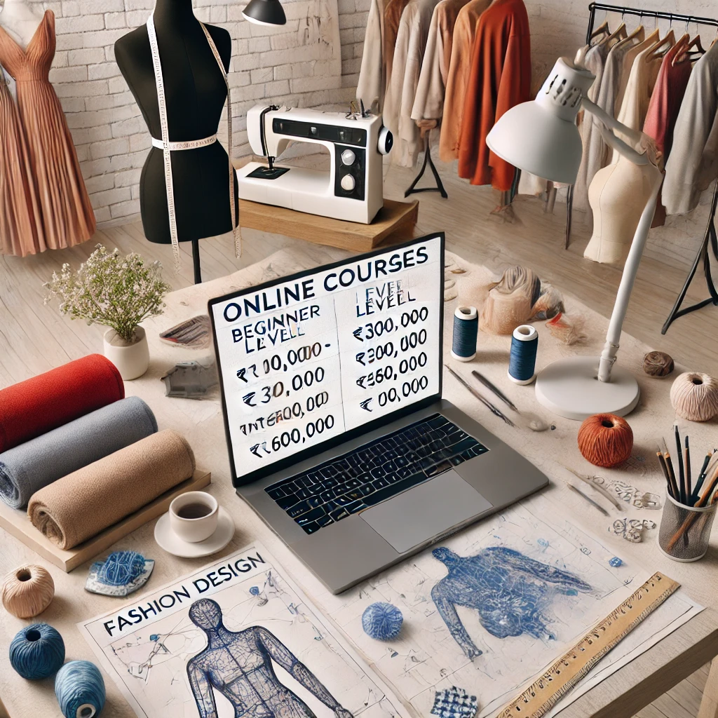 image depicting the online course fees for fashion design at different levels, with a creative and stylish workspace in the background.