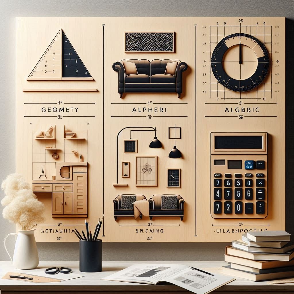 A wooden panel showing geometric shapes, a sofa, and a calculator, illustrating the use of math in interior layout and design.