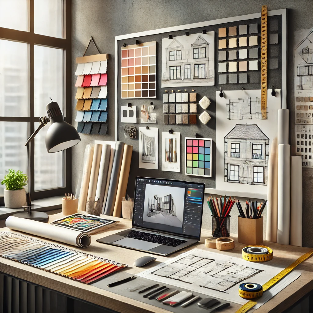 an interior designer's workspace featuring essential tools like color swatches, blueprints, fabric samples, a laptop with 3D design software, and more.