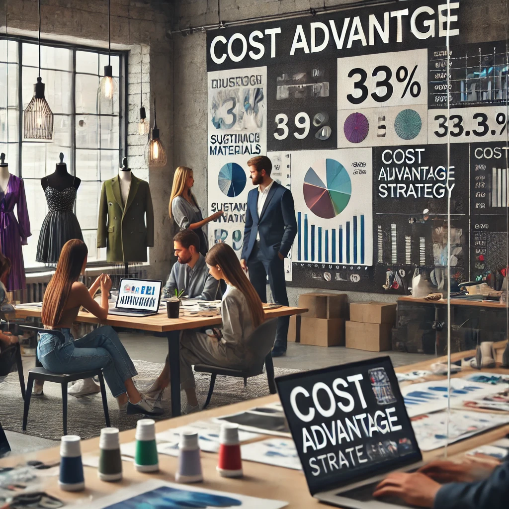 The image shows a fashion management team in a modern studio discussing cost strategies with fabric swatches, charts, and laptops.