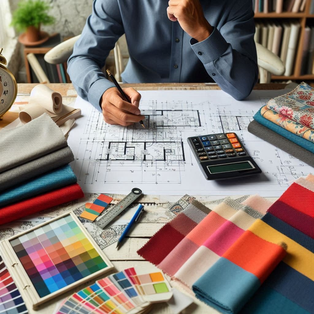 A person sitting at a desk surrounded by mathematical symbols, gears, and creative elements, symbolizing problem-solving and the role of logical thinking in design.