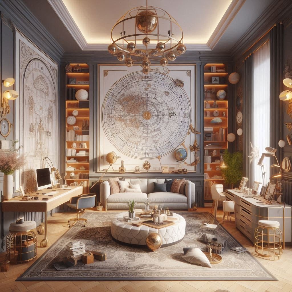 an elegant and refined study room with a large celestial map as the focal point, surrounded by warm lighting, globe-themed decor, modern furnishings, and gold accents, creating a sophisticated and scholarly atmosphere.