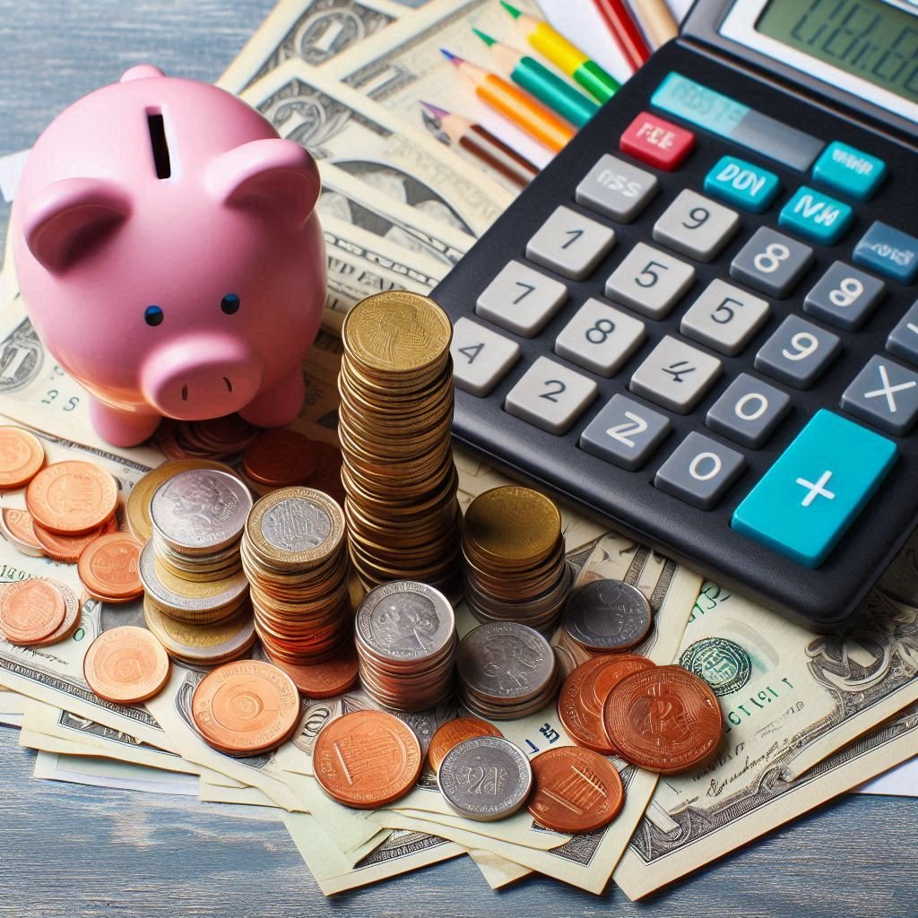 Money and other Charges with calculator and a piggy bank