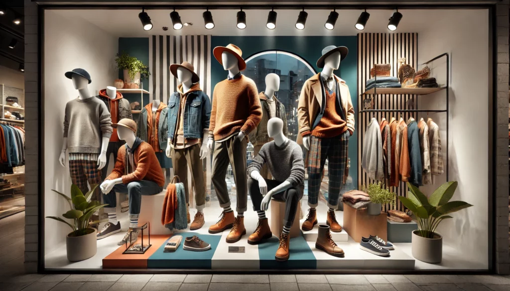 This visual merchandising display features mannequins dressed in stylish fall/winter menswear, including sweaters, jackets, plaid trousers, and boots. The layout uses earthy tones and a mix of textures, with strategic lighting to highlight the outfits and accessories. The design creates depth with varied mannequin heights, making the display visually engaging and inviting for customers.