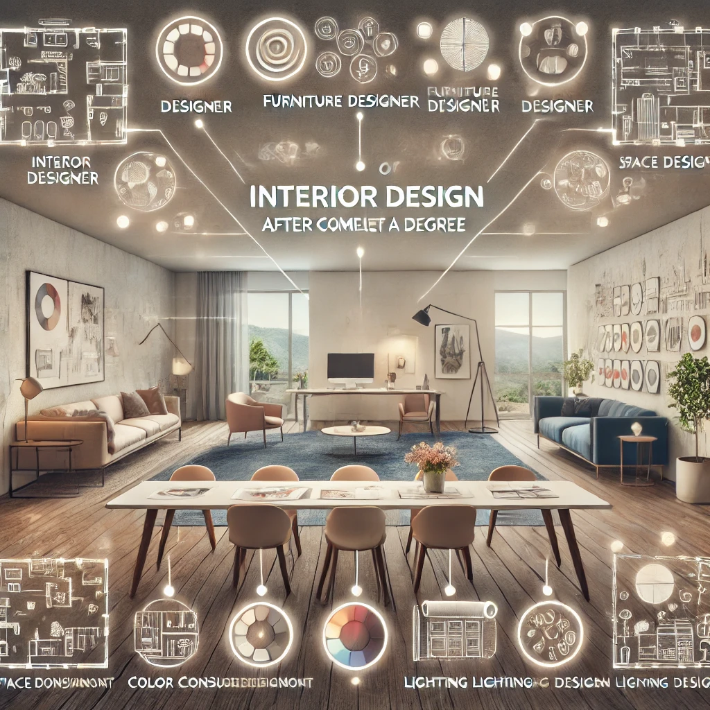image representing the scope of interior design after completing a degree. It highlights various career opportunities and roles within the field.