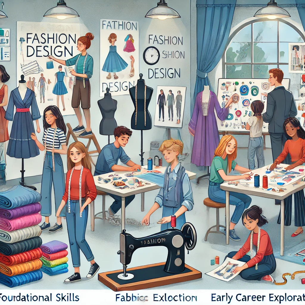 students exploring their passion for fashion design after completing 10th grade, focusing on foundational skills and early career exploration in a classroom setting.