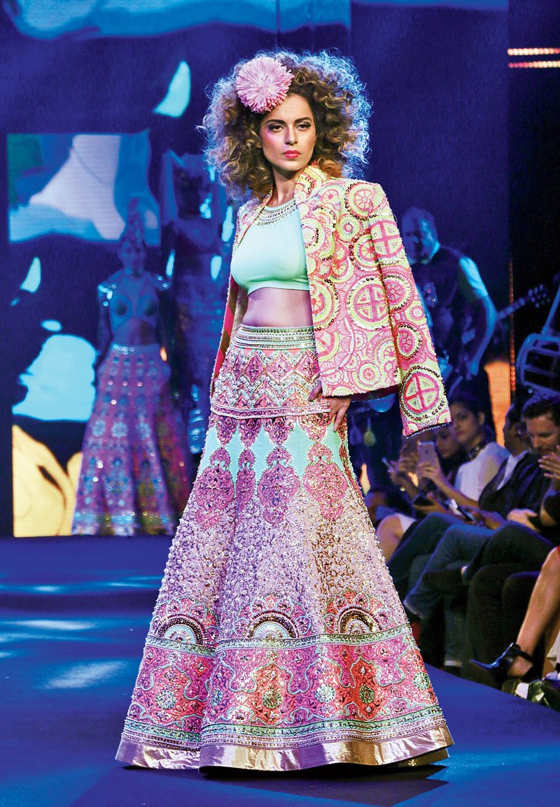 Actor Kangana Ranaut in a pink-and-gold Manish Arora ensemble