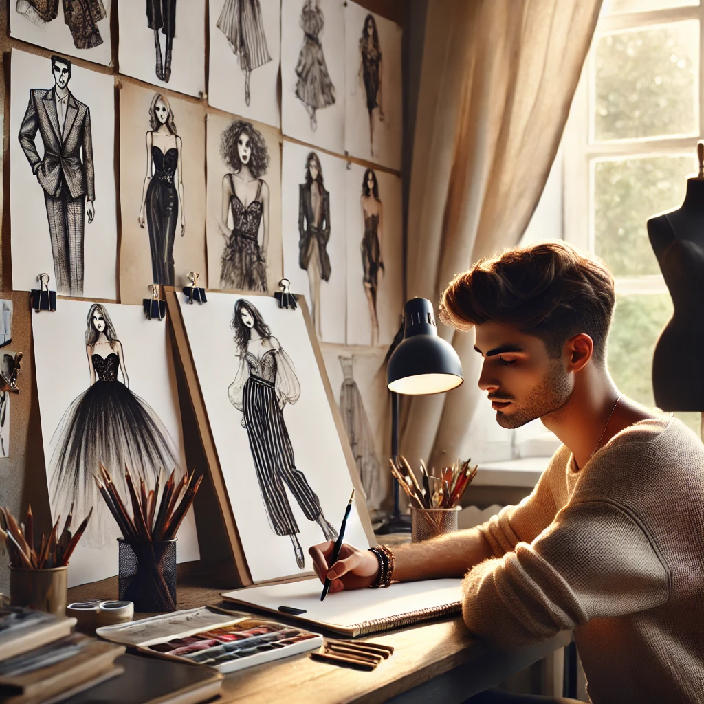 a young fashion illustrator immersed in their creative workspace, working on building their unique artistic style and portfolio.