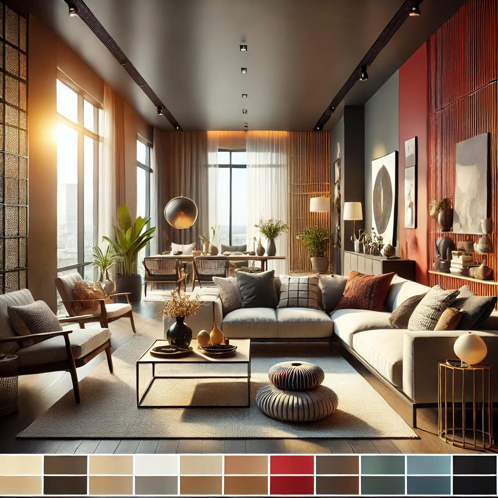 A modern living room with warm lighting, neutral tones, wooden accents, and cozy seating.