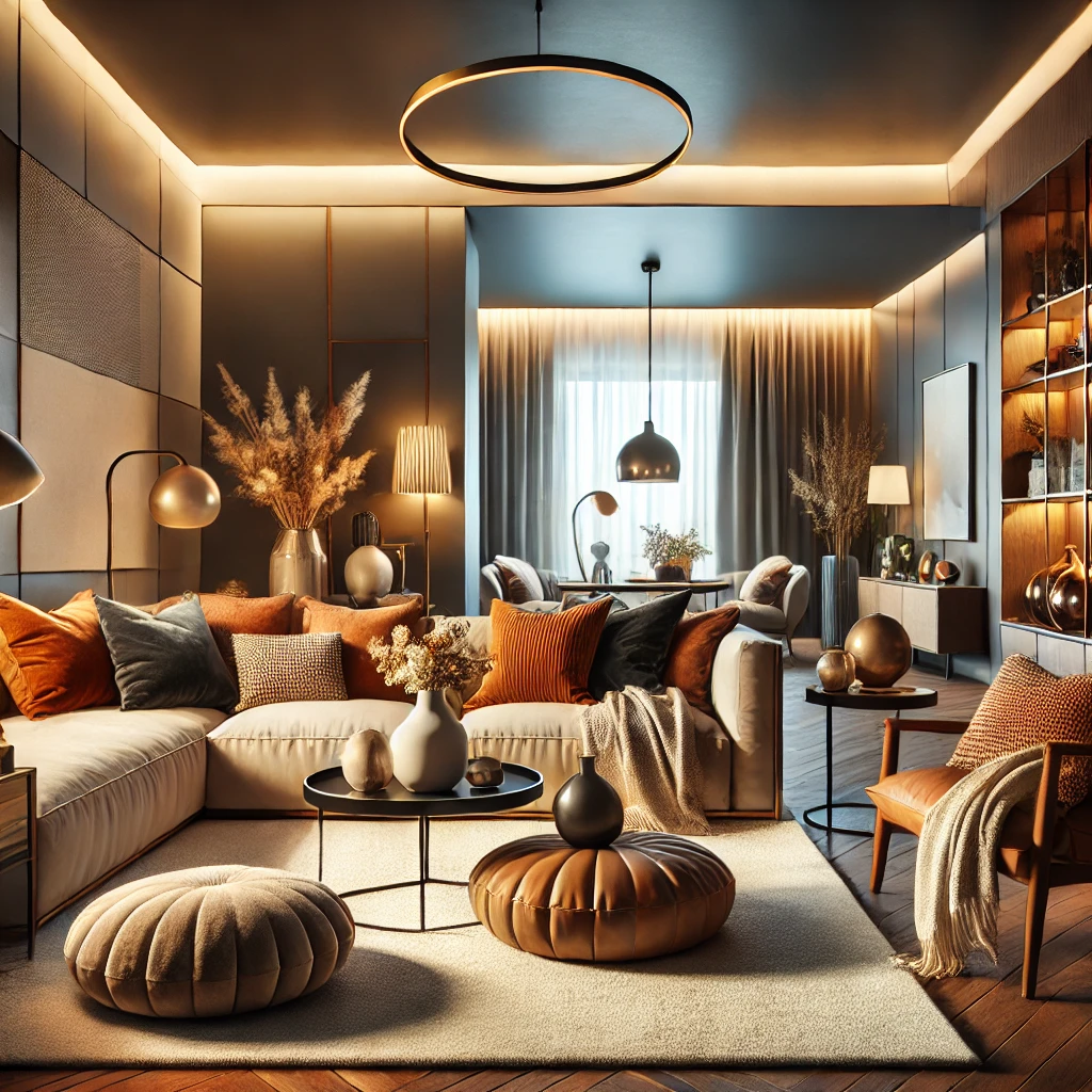 A cozy modern living room with spaced-out furniture, warm lighting, and vibrant accent colors.